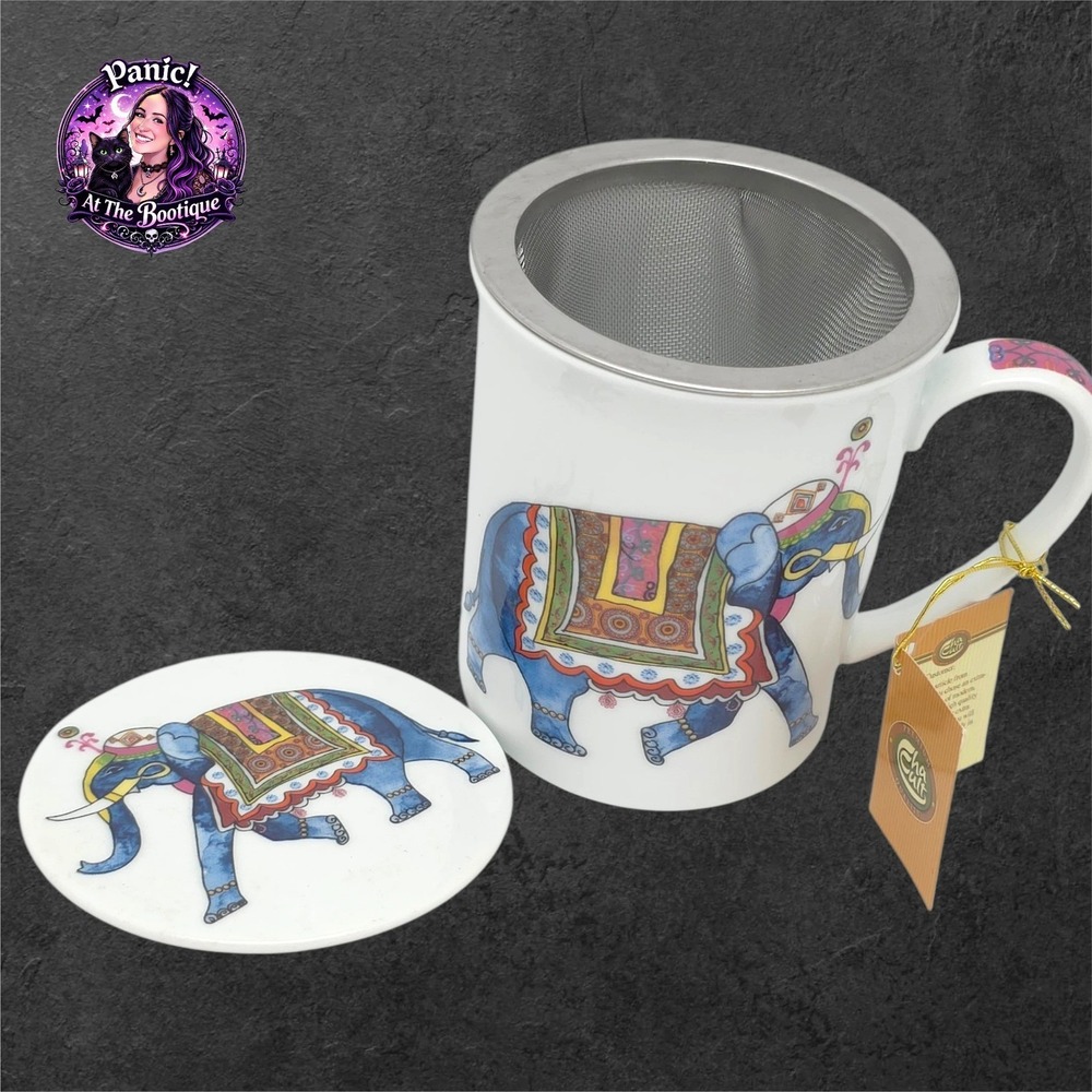 Elephant Tea Mug Set Porcelain Blue Infuser Lid Bohemian Indian Artistic  Boho